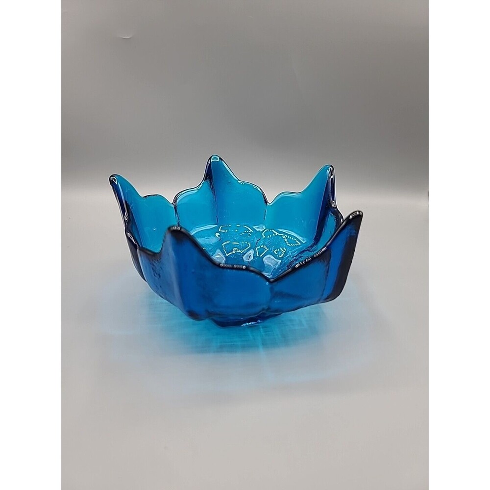 Viking Epic Blue Textured Glass Lotus Flower Shaped Decorative Bowl MCM